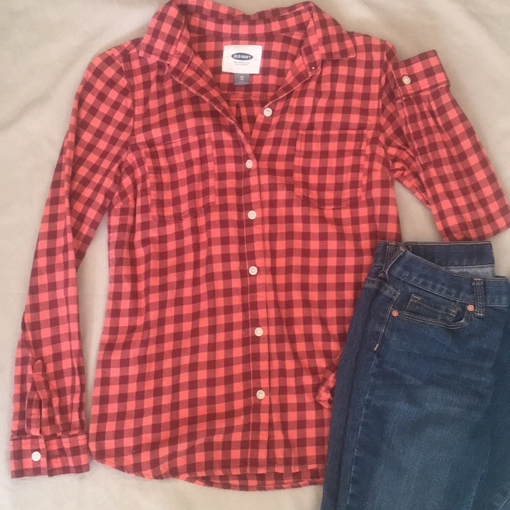 Coral Checkered Flannel Button Down